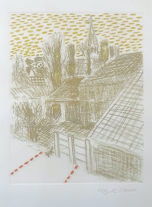 Roger Raveel - Ets, De spanning van de rust in het dorp - Ingelijst kopen? Bied vanaf 400!