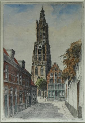 Marius Johannes Janssen - Ingelijste en ingekleurde ets , Onze Lieve Vrouwetoren Amersfoort – ca 1935 kopen? Bied vanaf 1!