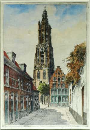 Marius Johannes Janssen - Ingelijste en ingekleurde ets , Onze Lieve Vrouwetoren Amersfoort – ca 1935 verkocht voor € 1!