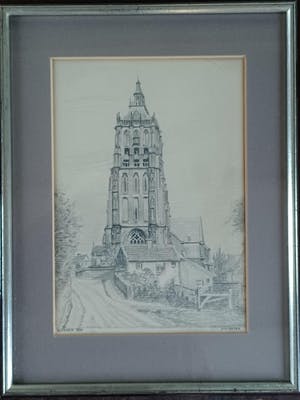 Niet of onleesbaar gesigneerd - Asperen, toren van de Catharinakerk. (1940) kopen? Bied vanaf 1!