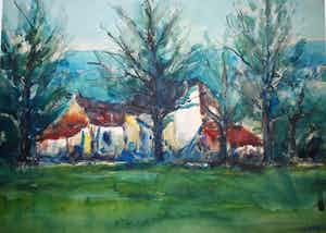 Aris Knikker - (Frans) landschap -ingelijste aquarel verkocht voor € 35!