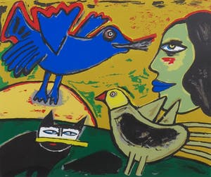 Corneille - Zeefdruk, Femme avec oiseau bleu - Ingelijst kopen? Bied vanaf 1!