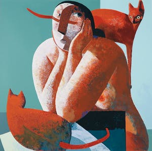 Peter Harskamp - Zeefdruk, Vrouw met twee katten kopen? Bied vanaf 100!