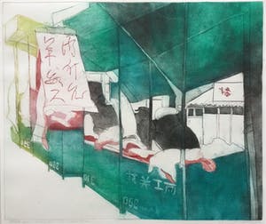 Sylvia Oudkerk - De slager in Lanzou | kleurenets - ingelijst kopen? Bied vanaf 35!