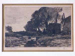 Chris van der Windt - Boerderij met hooiberg aan een sloot - Ets verkocht voor € 50!