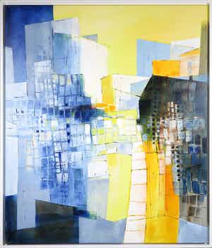 Yon Nicolas - Acryl op doek, Stadsgezicht - Ingelijst (Groot) verkocht voor € 200!