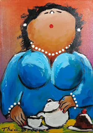 Theo Broeren - Acryl op doek, Theetijd verkocht voor € 60!