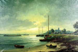 Herman Wijngaard - Riviergezicht bij zonsondergang - Olieverf verkocht voor € 350!