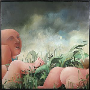 Frans Nicolai - Acryl op doek, Billen in gras - Ingelijst kopen? Bied vanaf 80!