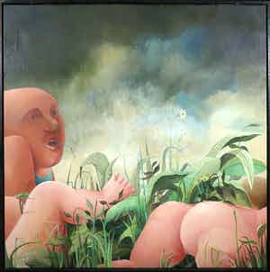 Frans Nicolai - Acryl op doek, Billen in gras - Ingelijst verkocht voor € 80!