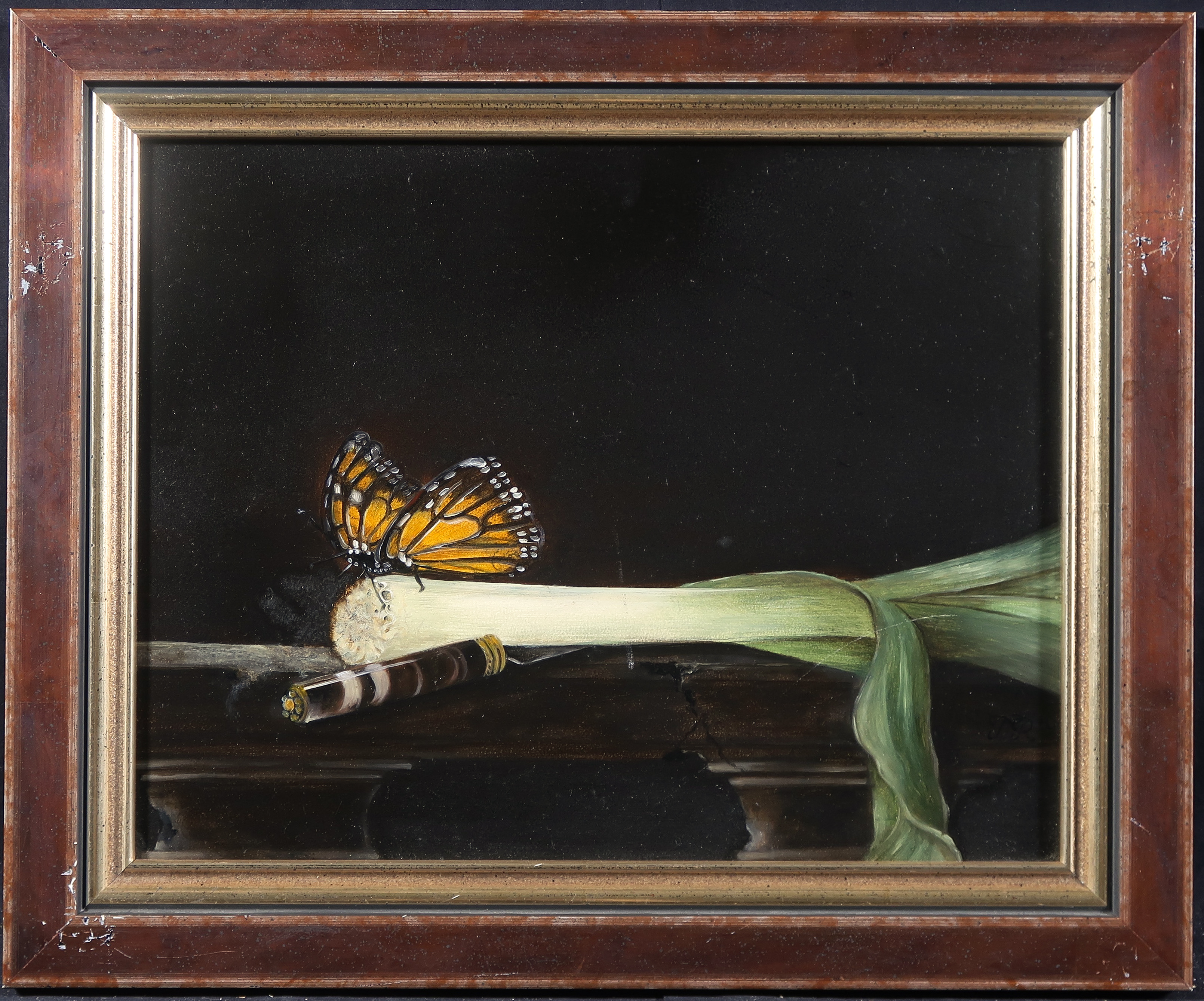 Niet of onleesbaar gesigneerd - Olieverf op board, Vlinder op prei - Ingelijst kopen? Bied vanaf 1!
