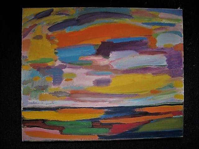 Niet of onleesbaar gesigneerd - Groot Acryl op Doek - Kust gezicht met ondergaande zon - gesigneerd kopen? Bied vanaf 1!