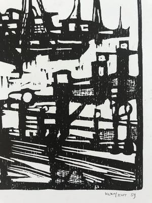 Fon Klement - Houtsnede - 1959 - 'haven' - niet ingelijst kopen? Bied vanaf 45!