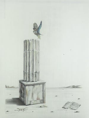 Wim Mast de Gooijer - Potlood, Zonder titel (Zuil met vogel en muziekboek) - Ingelijst kopen? Bied vanaf 100!