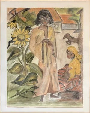 Niet of onleesbaar gesigneerd - Aziatisch tafereel - Krijttekening, Ingelijst kopen? Bied vanaf 1!