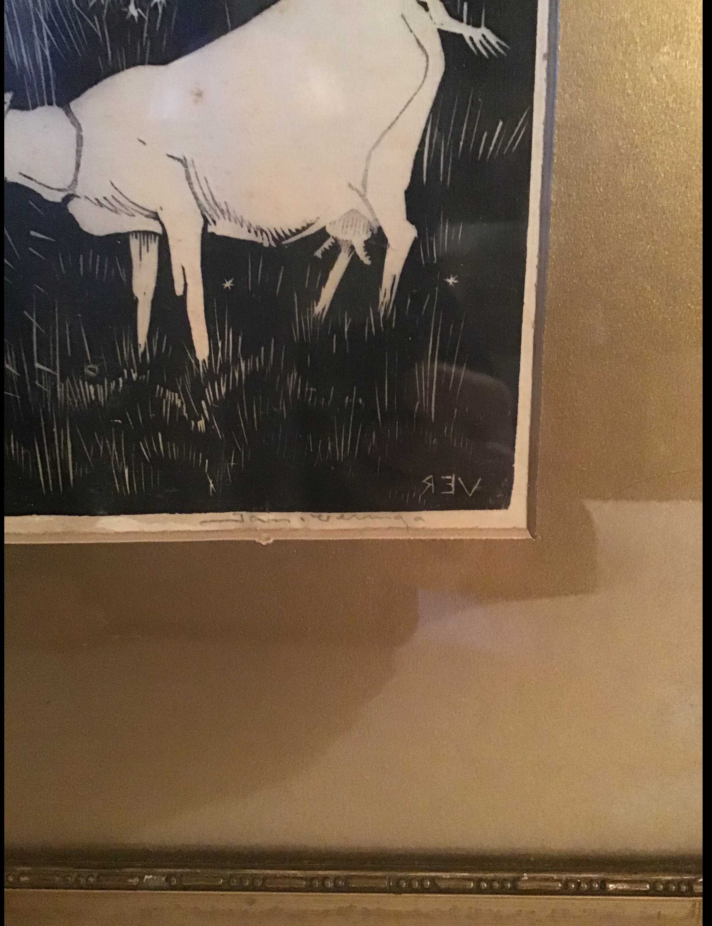 Jan Veringa - 1907-1982 Houtsnede , Molen met geitje aan de waterkant kopen? Bied vanaf 40!