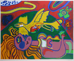 Corneille - Zeefdruk, Vrouw met vogel in bloemen - Ingelijst (Zeer groot) kopen? Bied vanaf 500!