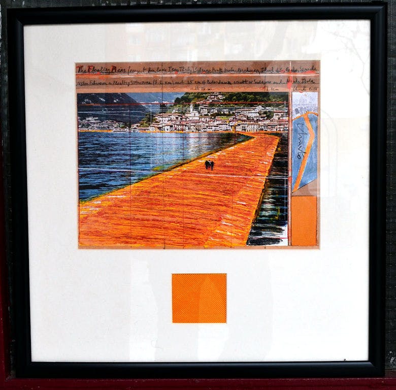 Christo - Christo- The Floating Piers- grote collage 47x47 cm- ingelijst- handgesigneerd-  verkocht voor € 160!