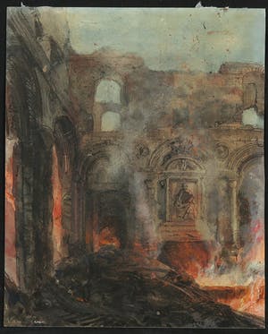 Pierre Tetar van Elven - Aquarel, Brandende kerk kopen? Bied vanaf 1!