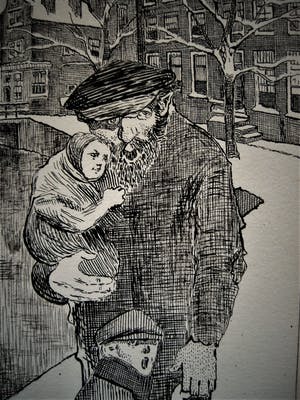 Niet of onleesbaar gesigneerd - originele 1914 Inkttekening "Vader met kinderen in winters Amsterdam" kopen? Bied vanaf 1!