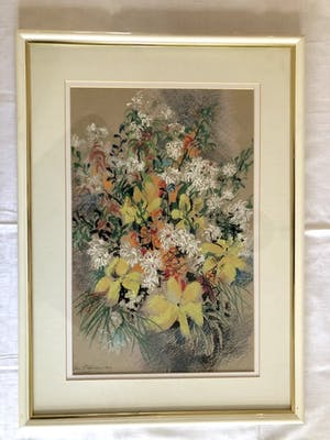 Hen Euverman - Stilleven fleurig boeket - Krijttekening, Ingelijst kopen? Bied vanaf 85!