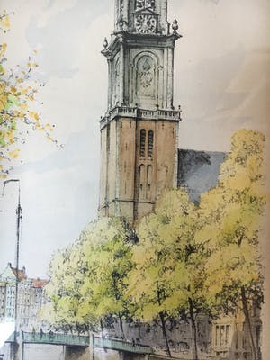 Niet of onleesbaar gesigneerd - Onduidelijke signatuur : Aquarel / tekening – Westertoren - Ingelijst kopen? Bied vanaf 1!