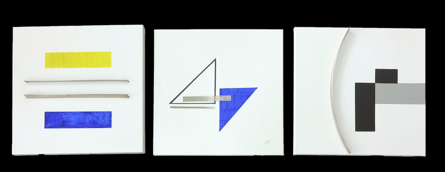 Menno Meijer - Lot van drie 3d-geometrisch-abstracte werken in gemengde techniek (verf, metaal) verkocht voor € 50!