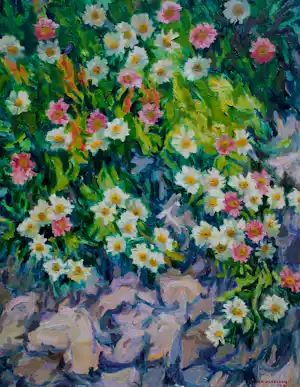 Ad Blok van der Velden - Olieverf op doek: Bloemen in het zand - 1978 (Texel) vendu pour 540€ !