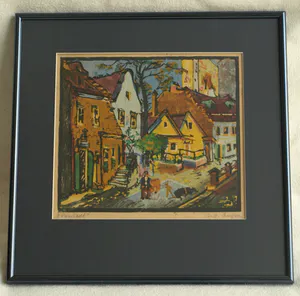 Niet of onleesbaar gesigneerd - Ingelijste kleurenhoutsnede , Stadsgezicht – ca. 1940 kopen? Bied vanaf 1!