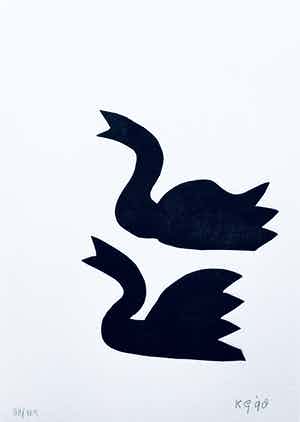 Klaas Gubbels - linosnede ‘Zwarte zwanen’ uit 1998 - oplage 125. verkocht voor € 195!