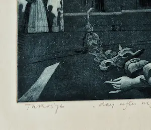 Theo Ros - sinistere staalgravure/aquatint "Day after night before" zeer kleine oplage (15) kopen? Bied vanaf 44!