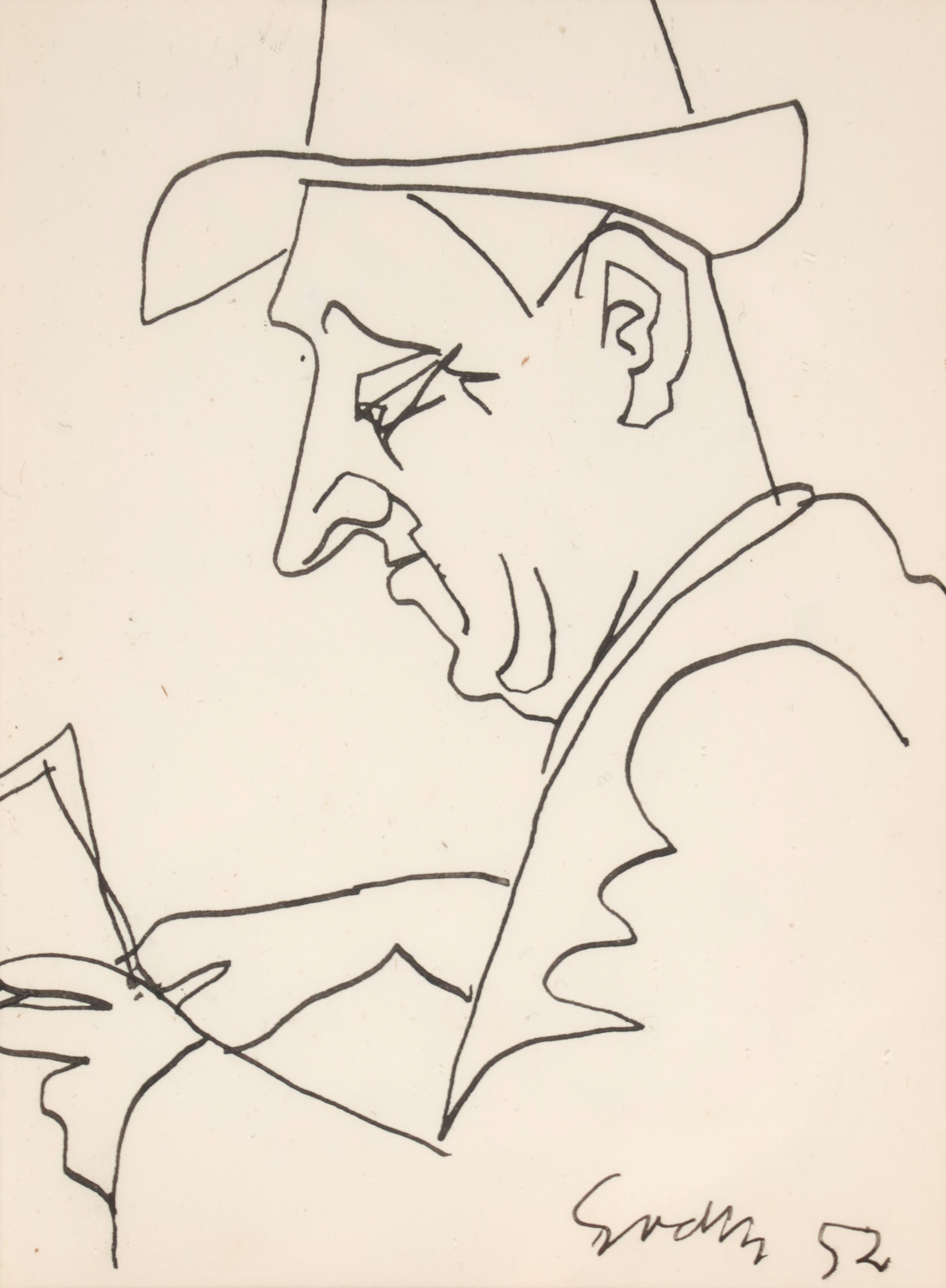 Siep van den Berg - Inkttekening, Lezende man met hoed - Ingelijst kopen? Bied vanaf 75!