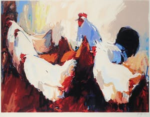 Gerda Elfring - Zeefdruk, Kippen - Ingelijst kopen? Bied vanaf 35!