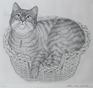 Ella van Schaik - Ets, Kat in mand - Ingelijst kopen? Bied vanaf 20!