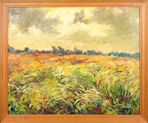 Jan Dekker - Olieverf op hardboard, Korenveld, Ingelijst verkocht voor € 1!
