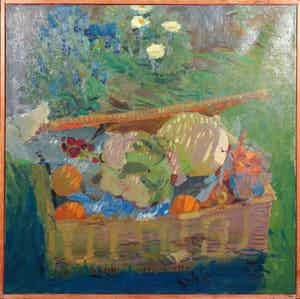 Martin Postma - Olieverf op doek, Groenten in een mandje - Ingelijst verkocht voor € 70!