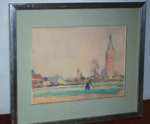 Jacob Kuijper - dorpsgezicht met een vrouw op het land - aquarel kopen? Bied vanaf 75!