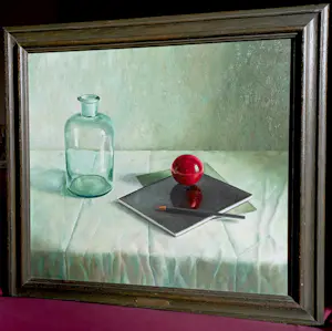 Julien Landa - Stilleven met zwart schrift en potlood, olieverf op paneel (netjes ingelijst) kopen? Bied vanaf 995!