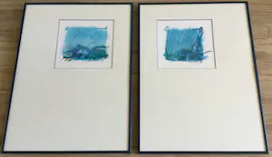Annemiki Bok - tweeluik van blauw abstracte werkjes | fraai ingelijst kopen? Bied vanaf 49!
