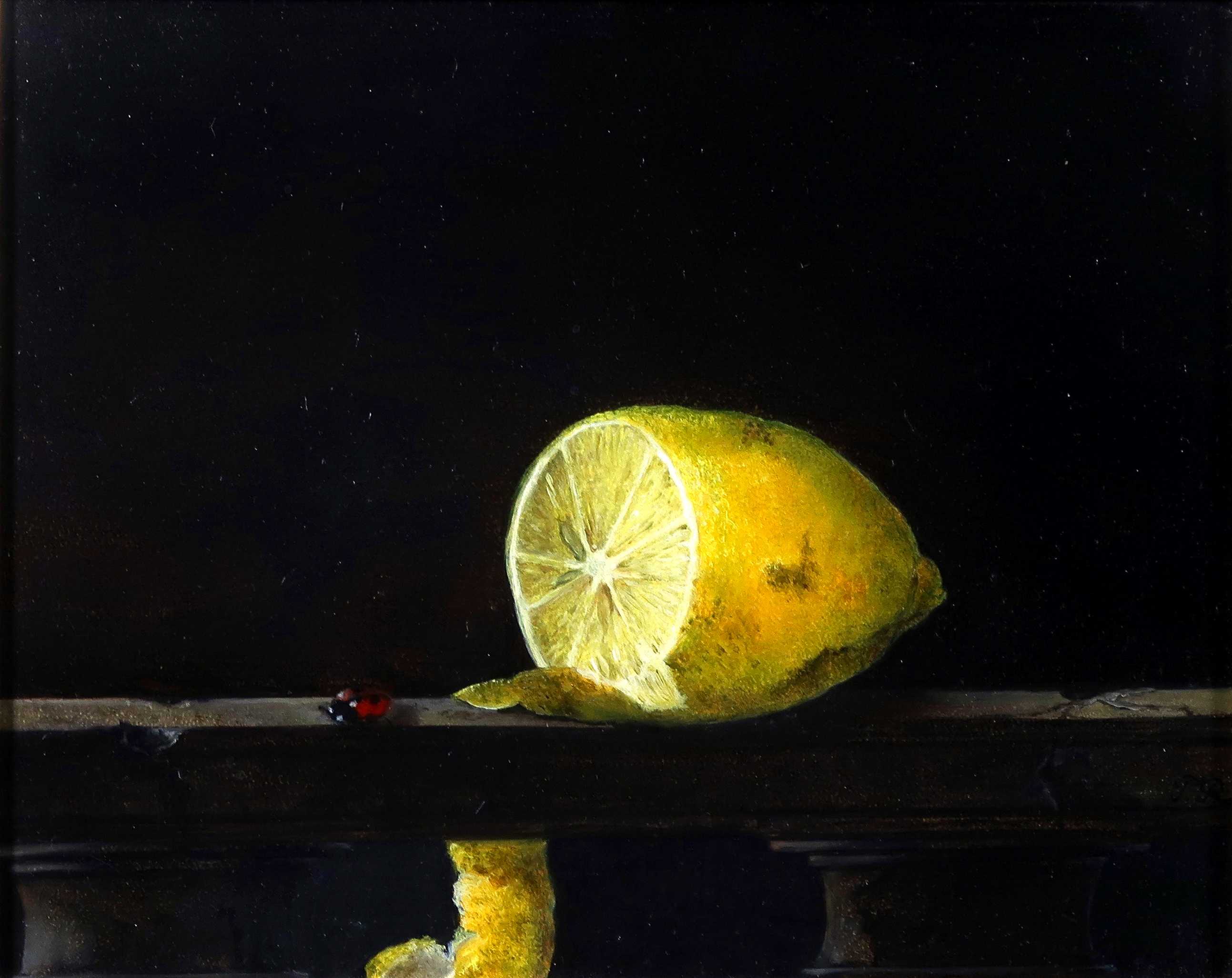 Niet of onleesbaar gesigneerd - Olieverf op board, Citroen met lieveheersbeestje - Ingelijst kopen? Bied vanaf 1!