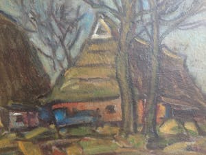 Jan Weinand De Jonge - Expressionistisch landschap met Groningse of Friese boerderijen kopen? Bied vanaf 90!