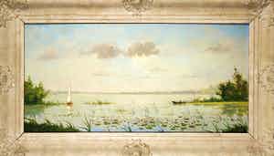 Niet of onleesbaar gesigneerd - Olieverf op doek, Gezicht op een plas - Ingelijst verkocht voor € 1!