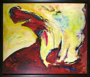 Catherine Megens - Gemengde techniek op karton, Abstracte compositie - Ingelijst (Groot) verkocht voor € 100!