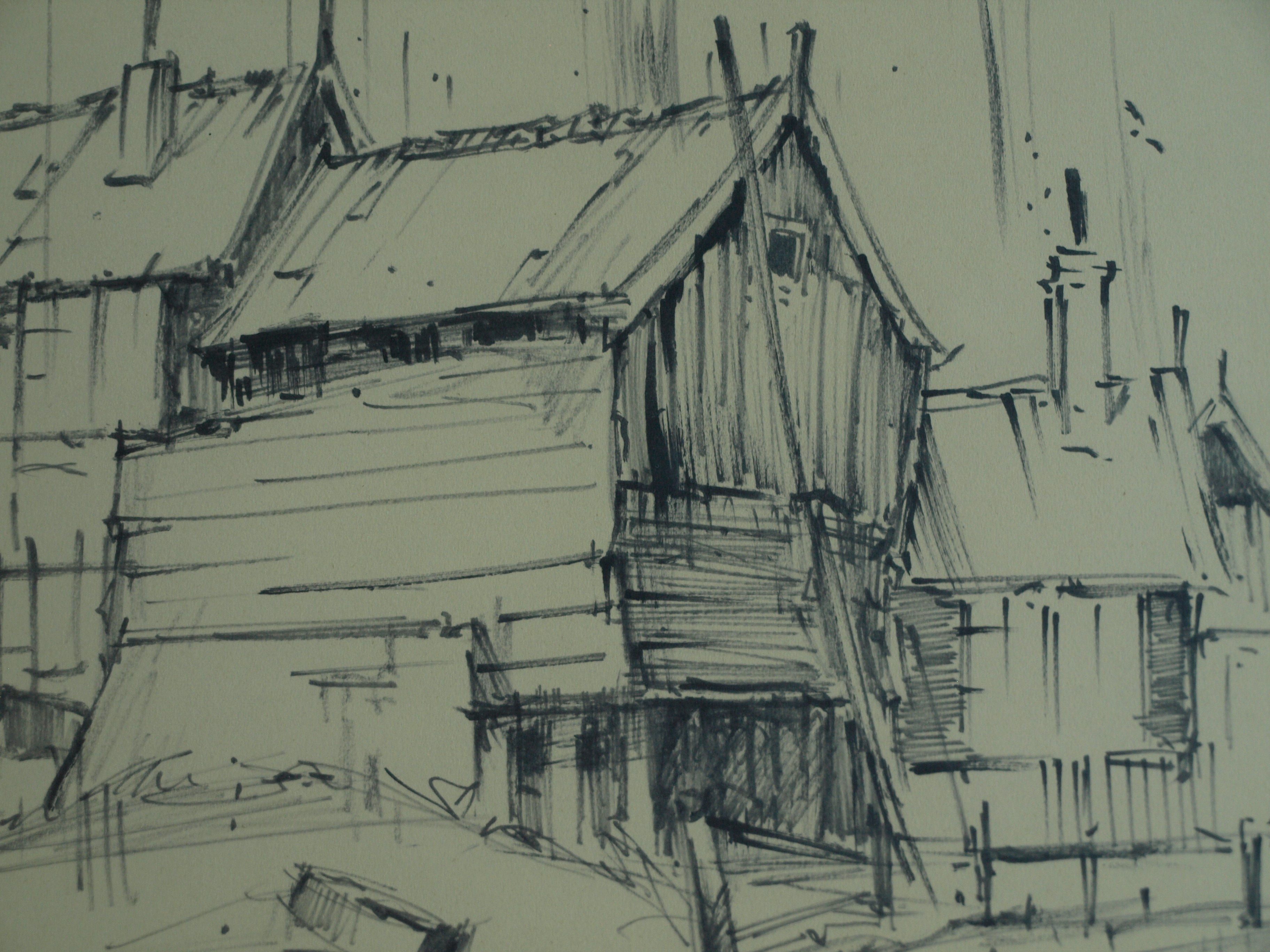 Niet of onleesbaar gesigneerd - Tekening , Dorpje – gesigneerd & ingelijst – ca 1964  kopen? Bied vanaf 1!