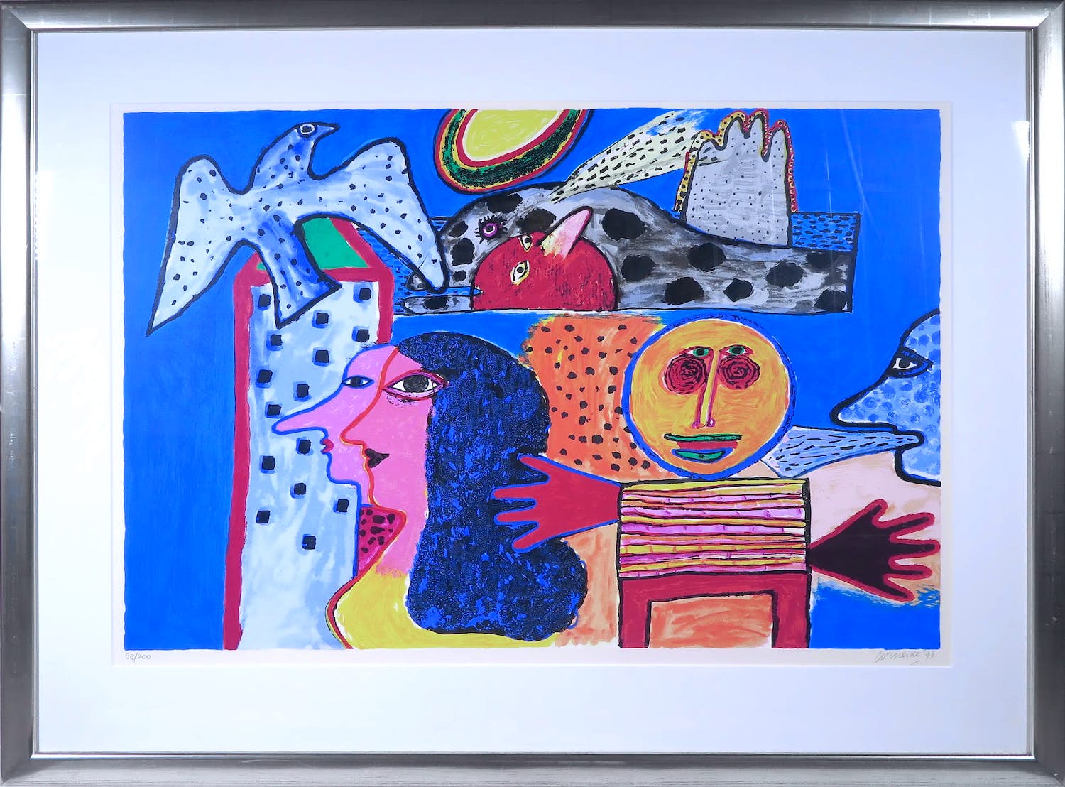 Corneille - Zeefdruk, Figuren met vogels - Ingelijst (Groot) verkocht voor € 400!