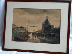 Niet of onleesbaar gesigneerd - Gouache , “Watergezicht met brug en poortgebouw” - ingelijst kopen? Bied vanaf 1!