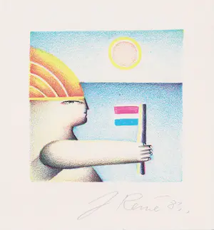 Jörg Remé - Drie handgesigneerde zeefdrukken: Figuur met vlag, tulpen, molen kopen? Bied vanaf 25!