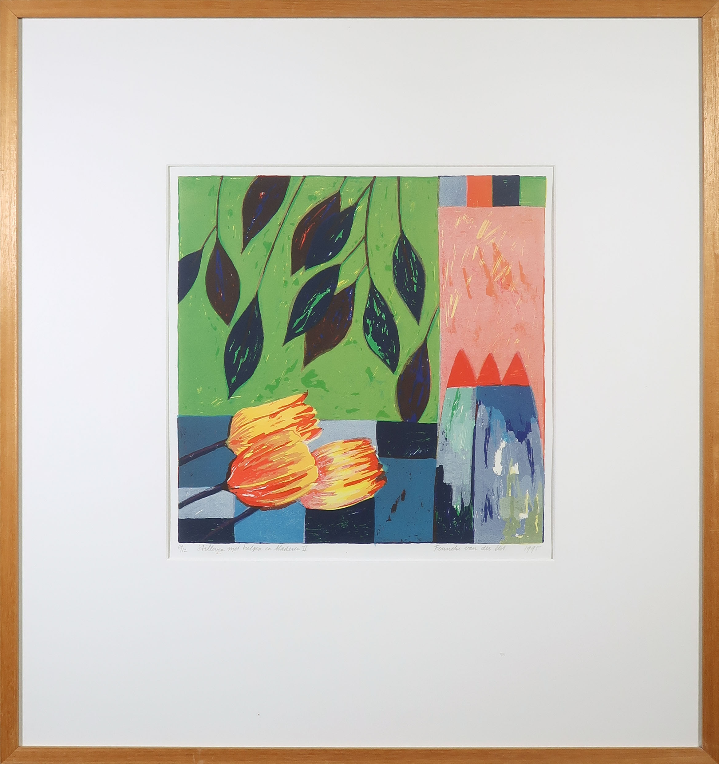Fenneke van der Elst - Zeefdruk, Stilleven met tulpen en bladeren II - Ingelijst verkocht voor € 20!