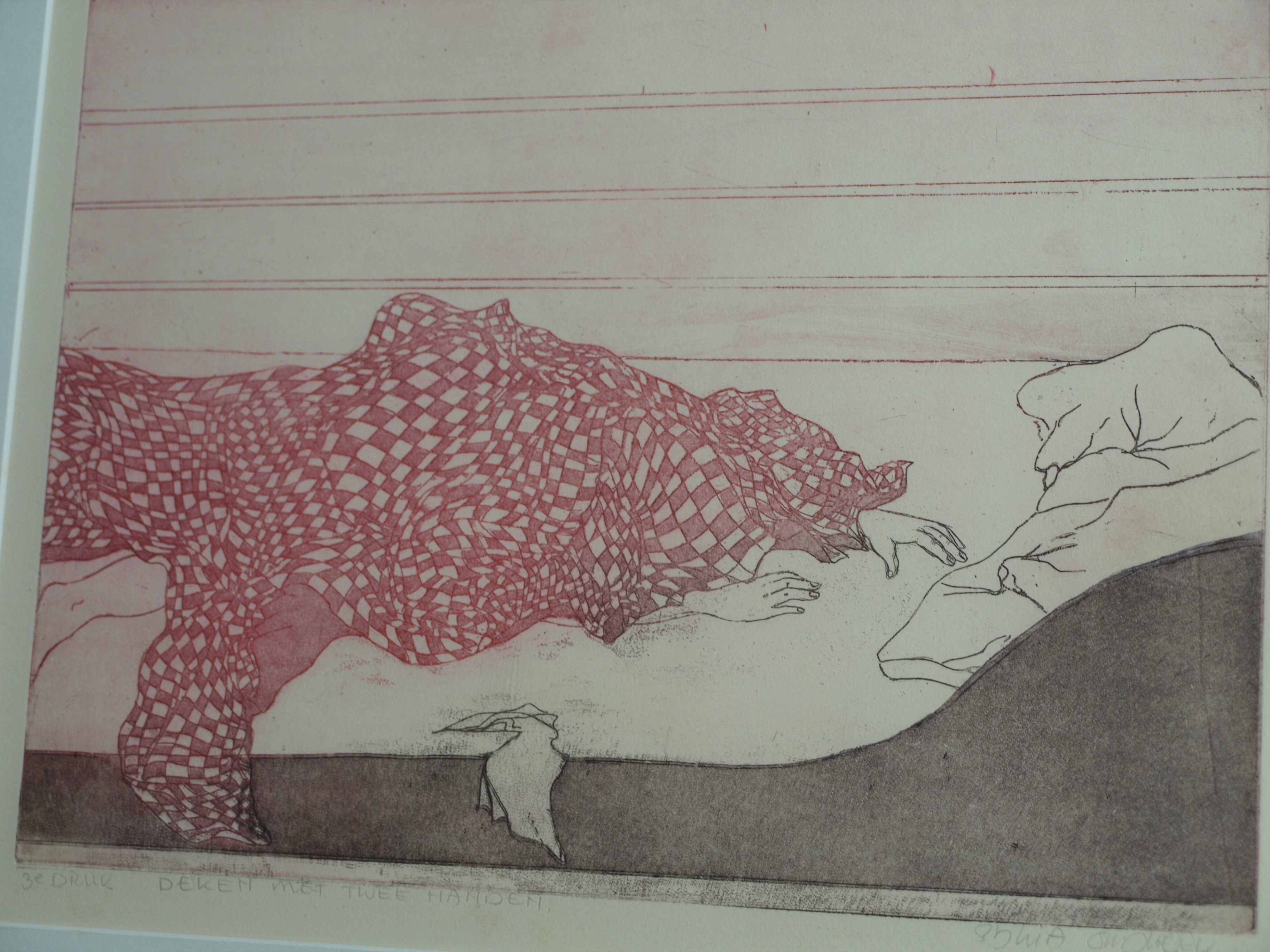 Sylvia Oudkerk - Ets en aquatint , Deken met twee handen – gesigneerd & ingelijst – ca 1977  kopen? Bied vanaf 1!