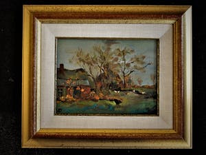 Niet of onleesbaar gesigneerd - Charmant impressionistisch olieverf(je) "Boerderij en kippen" monogram HP kopen? Bied vanaf 10!